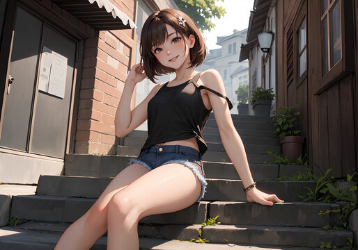 階段に座っている女性のイラスト