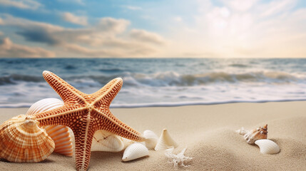 Fototapeta na wymiar Beautiful sandy beach with starfish and shells for poster, banner