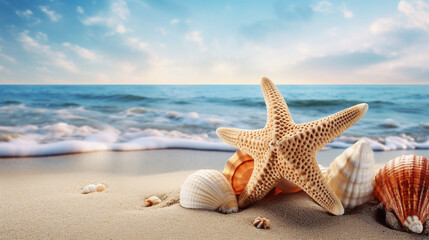 Fototapeta na wymiar Beautiful sandy beach with starfish and shells for poster, banner