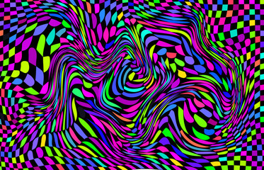 Distorted twisted checkered background. Trippy strip psychedelic pattern.