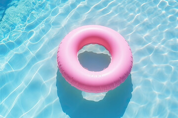 Summer fun in the pool - pink rubber ring floating on blue water