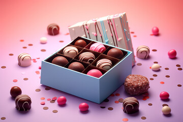Open box of delicious chocolate candies on a pastel background