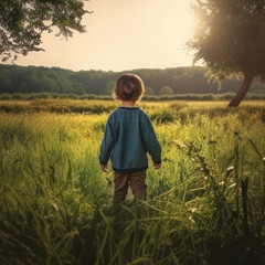 A child walks in nature, a little boy walks across the field, view from the back, square photo. AI generative.