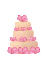 A three tiered delicate delicious wedding cake with pink cream or isomalt decor for bride, groom. Watercolor illustration on transparent background. Dietary dessert in wedding menu of low calorie cake