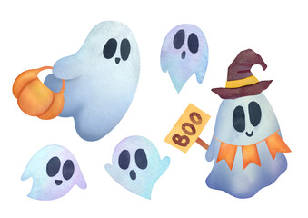 set of cute Ghost clipart on transparent background. Childish Watercolor hand drawn illustration for holiday cards, invitations to happy Halloween party. ghost with hat, pumpkin, frightening sign