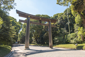 Torii gate at Meiji Jingu Shrine Japanese temple in Shibuya, Tokyo, Japan.