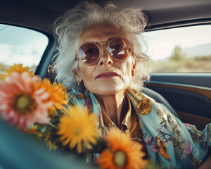 Elderly woman with bouquet - country weekend car ride