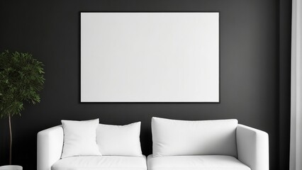 Blank horizontal poster frame mock up in minimal white style living room interior
