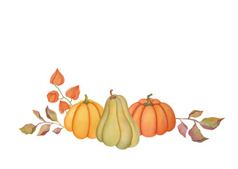 watercolor autumn pumpkins with floral arrangement of winter cherry branches and leaves on transparent background