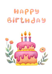 Cute colorful pastel cheerful birthday cake with candles, flowers roses, ranunculus, anemones, happy birthday text. watercolor hand painting illustration on transparent background for greeting card