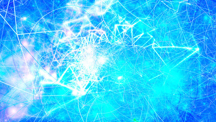 Blue and white connected lines abstract fractal art background. Networks, connections, cyberspace. Chaotic web.