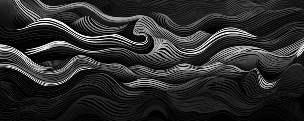 Black and white pattern of wavy shapes, in the style of free brushwork, abstract minimalism appreciator, brush strokes. 