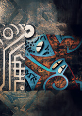 illustrazione con graffiti, simboli etnici, pittogrammi, realizzati in tecniche miste su sfondi materici, astrazione e simbolismo

