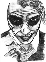 Close-up portrait of a joker man. Stock photo makeup joker in a horror room. charcoal drawing, joker portrait