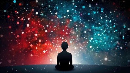 Human meditate, yoga. Psychic human considers mind and heart. Spirituality, esotericism, with bokeh defocused lights. universe, Psychic waves concept, Generative AI illustration