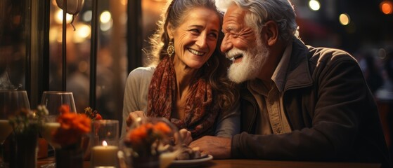Happy adult couple enjoying delicious food and sharing joyful moments together in restaurant. Generative AI