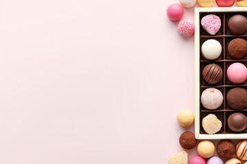 Open box of delicious chocolate candies on a pastel background, with space for text