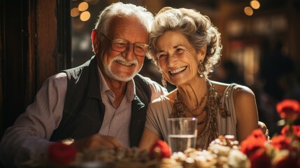 Obraz na płótnie Canvas Happy adult couple enjoying delicious food and sharing joyful moments together in restaurant. Generative AI