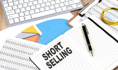SHORT SELLING text on notebook with chart and keyboard