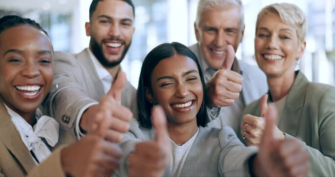 Business people, face and thumbs up in teamwork success, celebration and like, winner goals or thank you. Corporate, internship diversity and executive in support, yes and ok emoji for group portrait