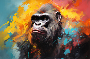 Enigmatic Gorilla Portrait - AI Masterpiece: An enigmatic AI-generated stock photo capturing the essence of a gorilla in a captivating and colorful portrait.