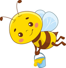 Cute bee flies with bucket full of honey cartoon illustration