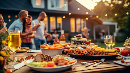 Fototapeta premium Backyard Dinner Table with Tasty Grilled Barbecue Meat, Fresh Vegetables and Salads. Happy Joyful People Dancing to Music, Celebrating and Having Fun in the Background on House Porch. Generative AI.