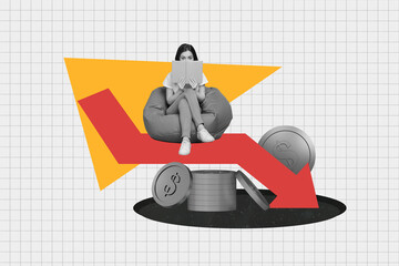 Composite abstract photo collage of shy girl sit on bean bag read book about financial education...