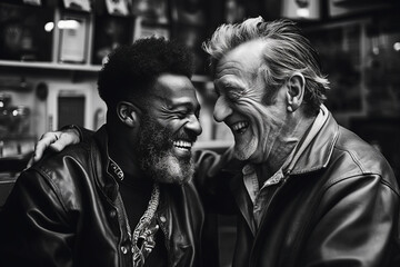 from behind a heartwarming bokeh-laden photo of the barbershop stylist sharing a laugh with a longtime customer, showcasing the strong bond built through their visits. Generative AI