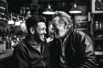 from behind a heartwarming bokeh-laden photo of the barbershop stylist sharing a laugh with a longtime customer, showcasing the strong bond built through their visits. Generative AI