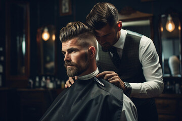 from behind an interactive grooming tips website, where the barbershop stylist shares their expertise, accompanied by captivating bokeh-laden images of styled haircuts. Generative AI