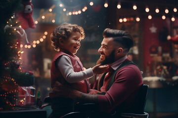 from behind a visually delightful scene of the barbershop stylist welcoming children with a playful atmosphere, surrounded by bokeh lights, making grooming fun for the little ones. Generative AI