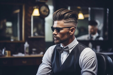 Fototapeta premium from behind an elegant bokeh-inspired barbershop stylist portfolio, showcasing their best works, from classic cuts to trendy styles, capturing their artistic vision. Generative AI