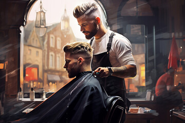 from behind a bokeh-filled barbershop stylist appreciation certificate, recognizing their dedication to grooming and ensuring customers always leave feeling their best. Generative AI