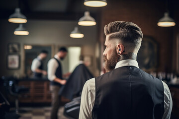 Fototapeta premium from behind an elegant bokeh-inspired barbershop stylist portfolio, showcasing their best works, from classic cuts to trendy styles, capturing their artistic vision. Generative AI