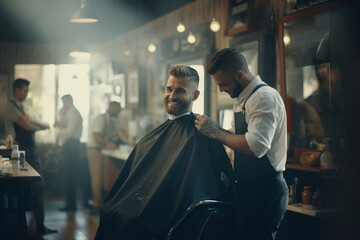 from behind a bokeh-filled video montage of satisfied customers leaving the barbershop with fresh haircuts, showcasing the stylist's talent and the joy they bring to others. Generative AI