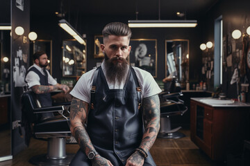 from behind a bokeh-laden barbershop stylist magazine spread, featuring a series of before-and-after shots, celebrating the transformational power of their craft. Generative AI