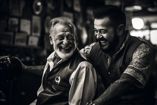 from behind a heartwarming bokeh-laden photo of the barbershop stylist sharing a laugh with a longtime customer, showcasing the strong bond built through their visits. Generative AI