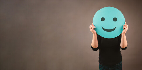 Head with a happy smiling face, mental health concept, positive thinking mind, support and...