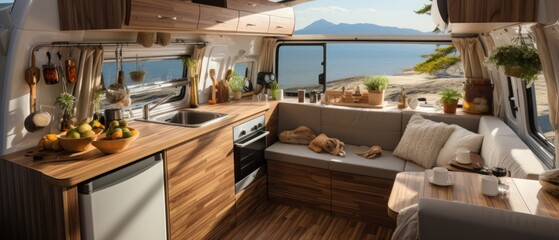 Obraz na płótnie Canvas Cozy interior of a kitchen in a trailer. Travel concept. Generative AI