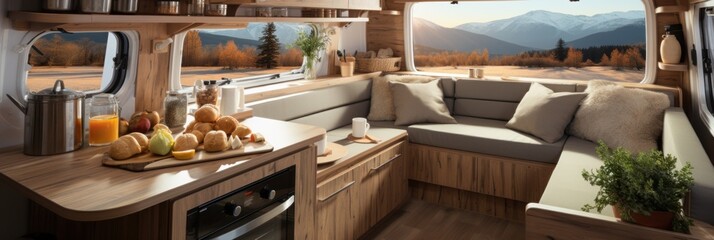 Fototapeta na wymiar Cozy interior of a kitchen in a trailer. Travel concept. Generative AI