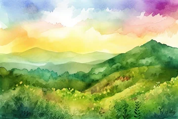 Fotobehang Watercolor summer landscape illustration mountains and meadow © Artem