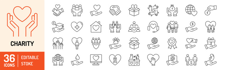 Charity editable stroke outline icons set. Donate, charity, solidarity, trust, social care, community, helping hands, partnership and help. Vector illustration - obrazy, fototapety, plakaty