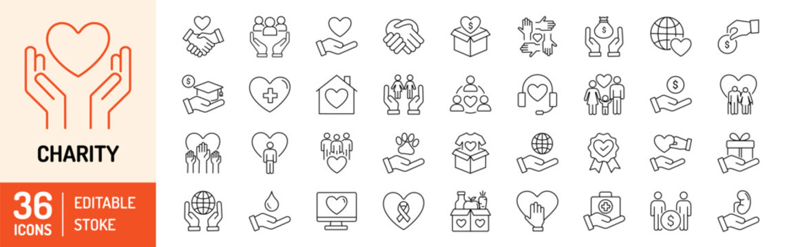 Charity editable stroke outline icons set. Donate, charity, solidarity, trust, social care, community, helping hands, partnership and help. Vector illustration