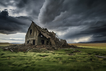 Destroyed house after tornado countryside with stormy clouds. Property insurance. Ai generated