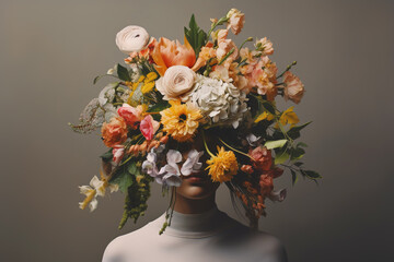 Abstract portrait of a woman with bouquet of flowers on her head. Spring, vintage, flowers illustration. AI generative