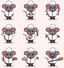 Vector Illustration of Cute Mouse wearing chef uniform. Flat Cartoon Style. Set of Cute Animal Characters in Chef Uniform. Vector illustration in isolated background