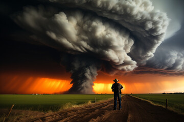 Fototapeta premium Tornado hunter chasing dangerous hurricane. Ai generated
