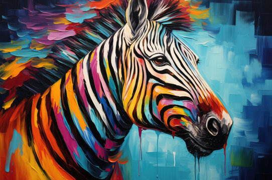 Futuristic Colored Zebra: Embrace the future of creative design with this AI-generated stock image, portraying a zebra in a futuristic setting.