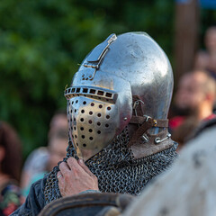 Historical restoration of knightly fights. Summer time medieval festival .Festival of medieval culture in the old fortress with knightly battles.